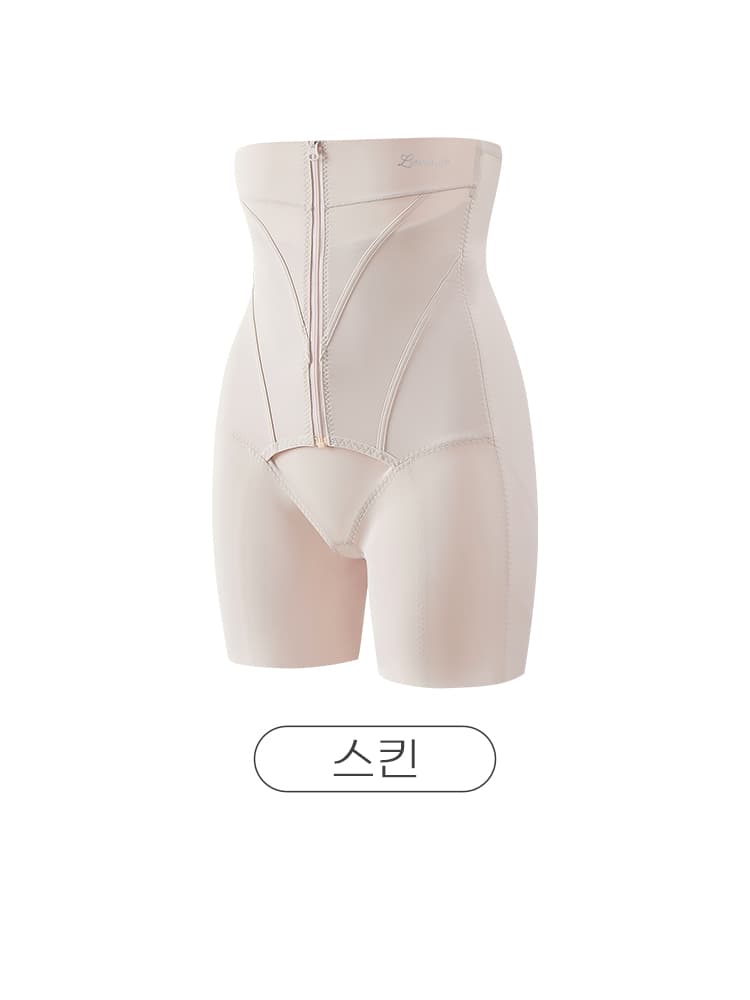 스킨색 앞지퍼와 하이웨이스트 패널 구조가 보이는 보정 거들 정면 모습 VEIMIA