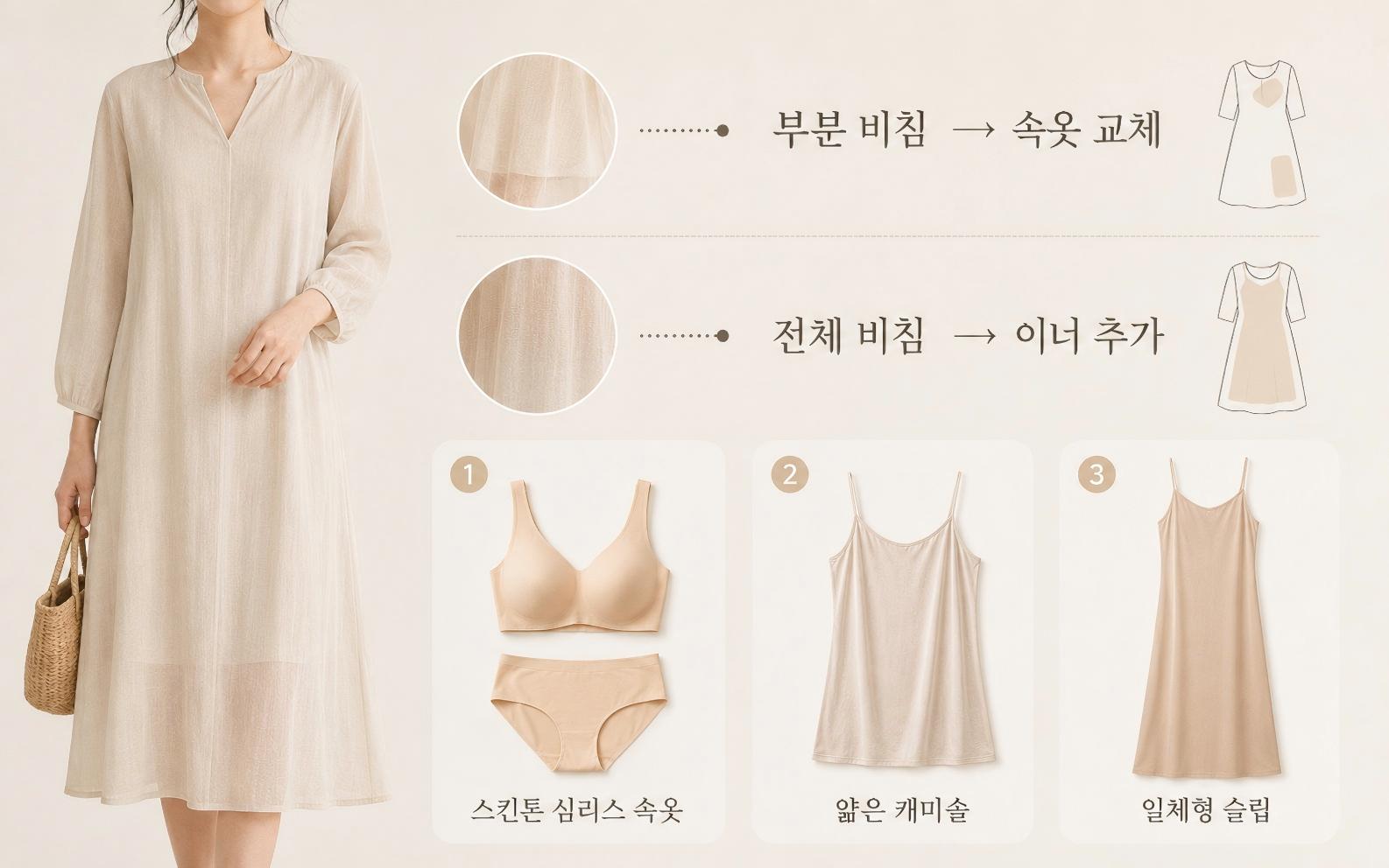원피스 비침 범위에 따라 심리스 속옷과 캐미솔, 슬립을 선택하는 방법