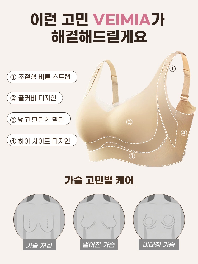 조절형 버클 스트랩과 풀커버 디자인 및 하이사이드 구조를 설명하는 브라 안내 이미지 VEIMIA