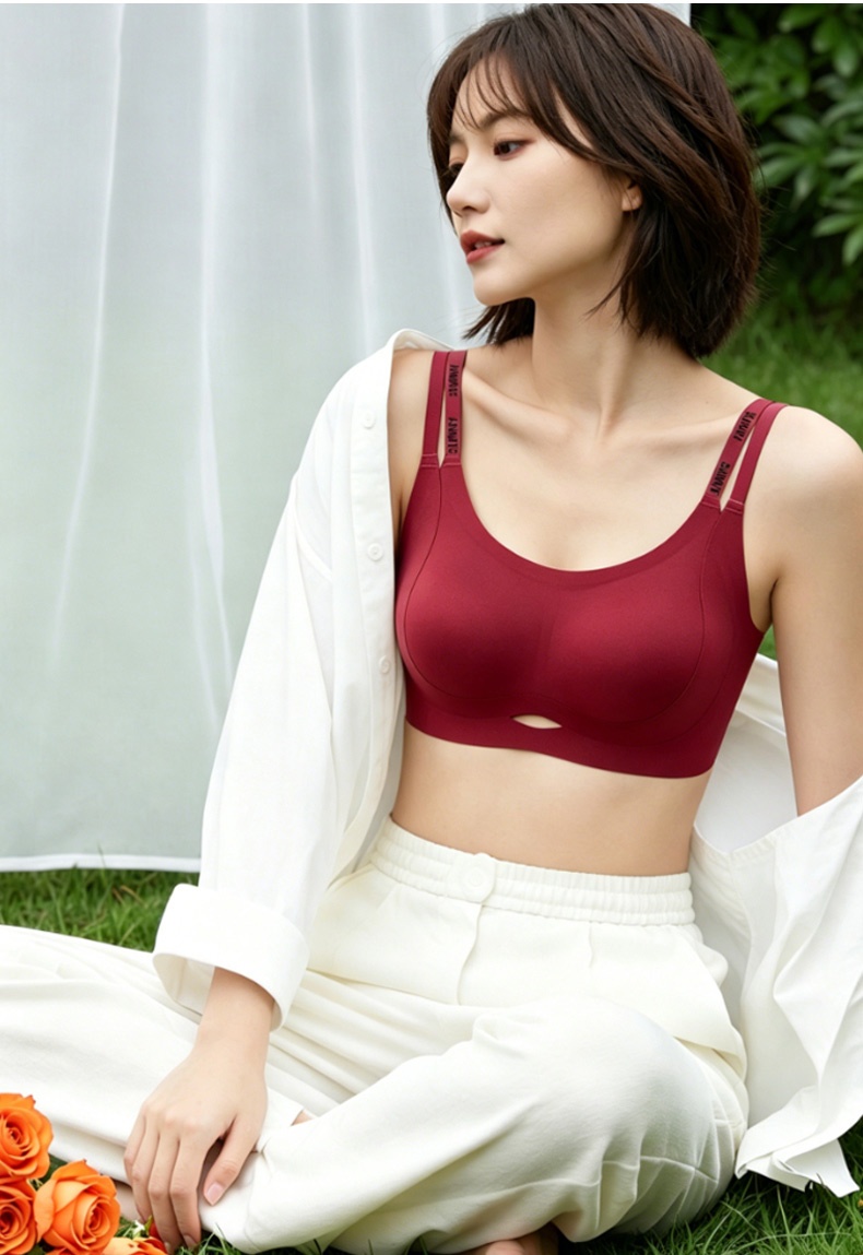 더블 스트랩 처짐 방지 브라 모델 착용 이미지 레드 VEIMIA 베이미아