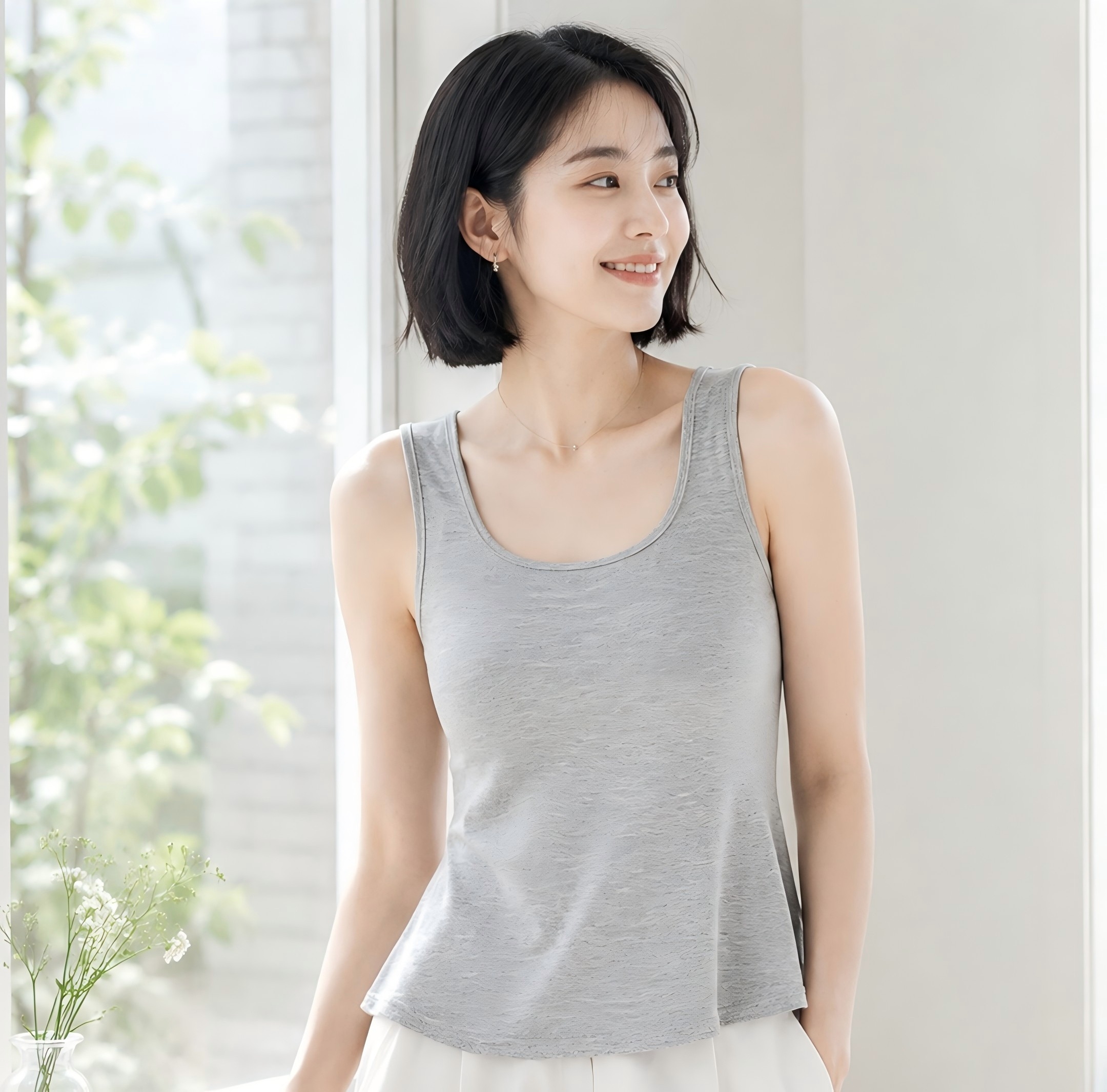 그레이 쿨링 나시를 단독으로 입은 여름 데일리 코디