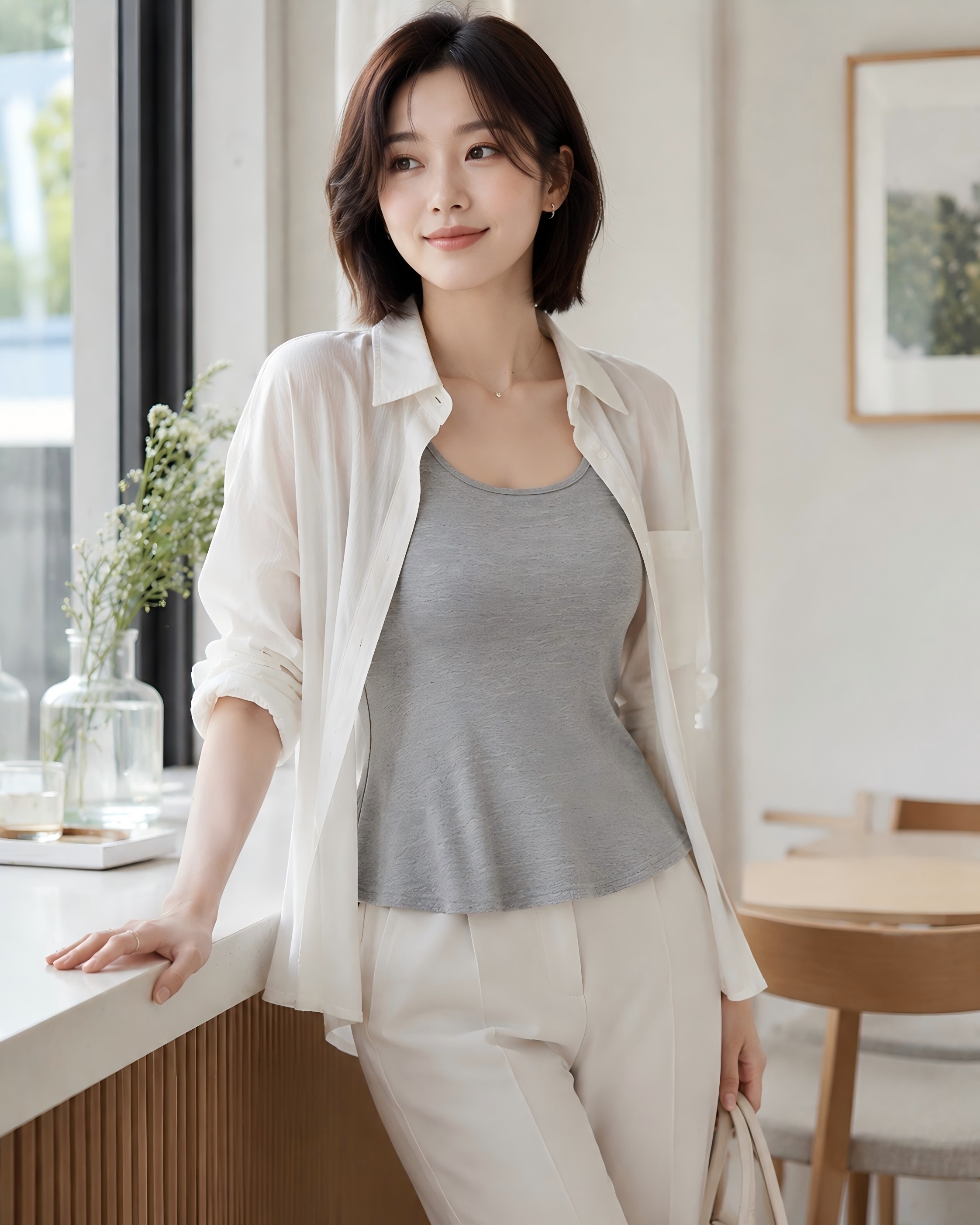 그레이 나시 위에 화이트 셔츠를 걸친 여름 레이어드 코디