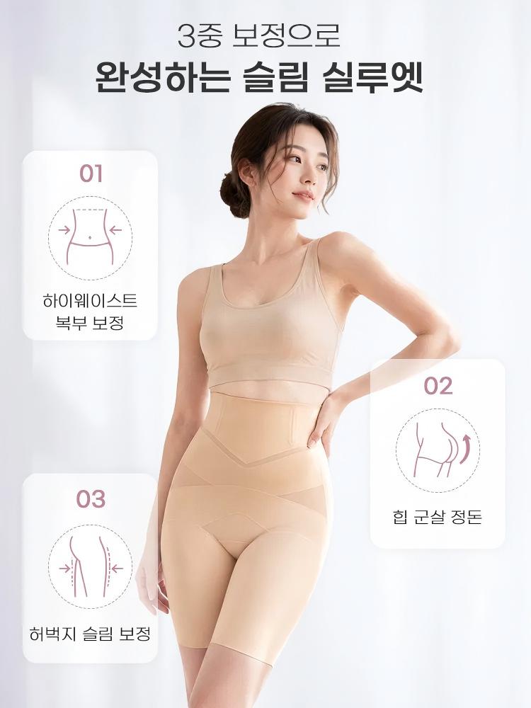 하이웨이스트 복부 보정과 힙 라인 정리, 허벅지 슬림 보정을 설명한 3중 보정 거들 이미지