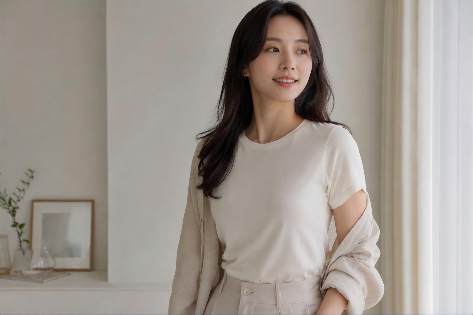 화이트 티셔츠를 입은 여성의 깔끔한 데일리 옷핏