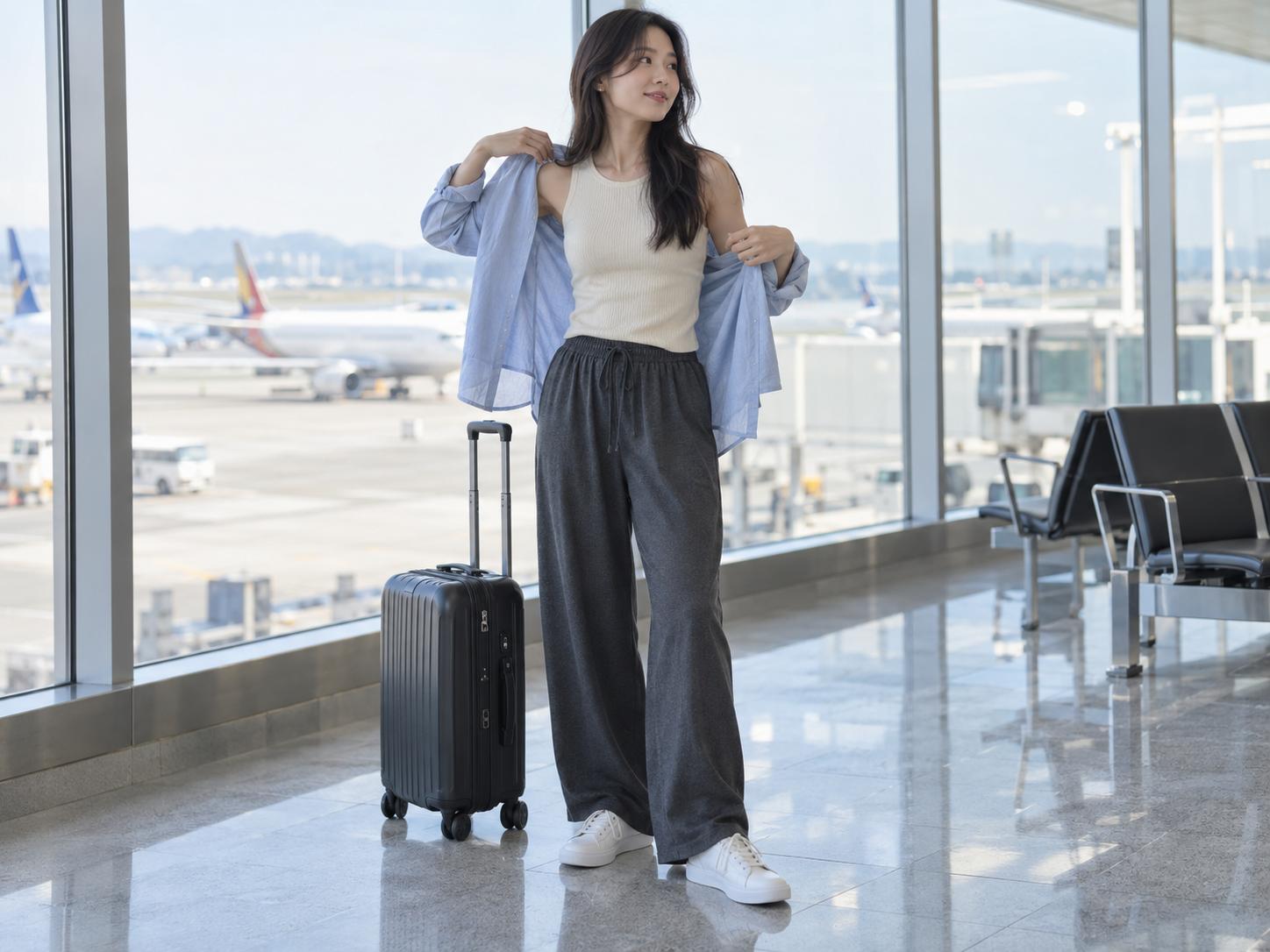 민소매 상의와 셔츠, 와이드 팬츠를 겹쳐 입은 여성의 편한 공항 룩