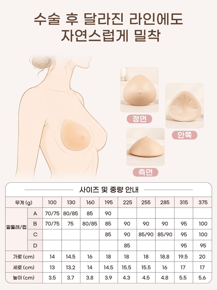 인조유방 패드의 정면 안쪽 측면 형태와 사이즈 및 중량을 안내하는 이미지 VEIMIA