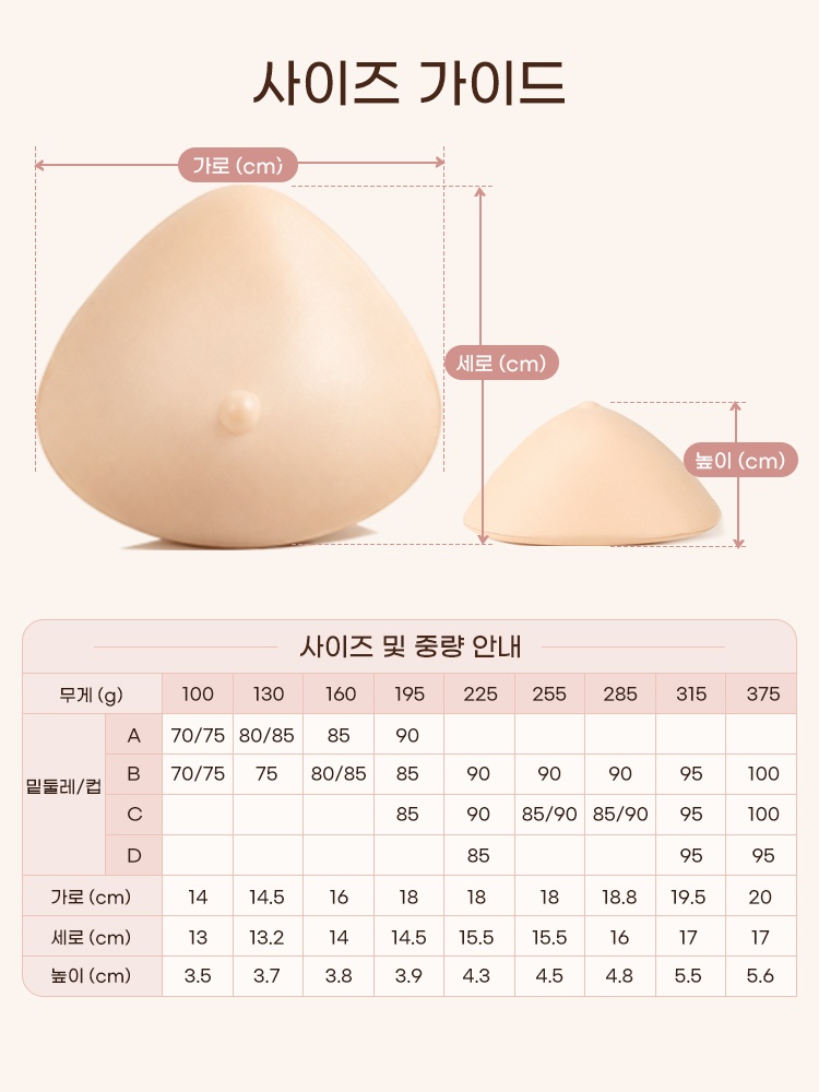 인조유방 패드의 가로 세로 높이와 중량별 사이즈를 안내하는 사이즈 안내표 VEIMIA