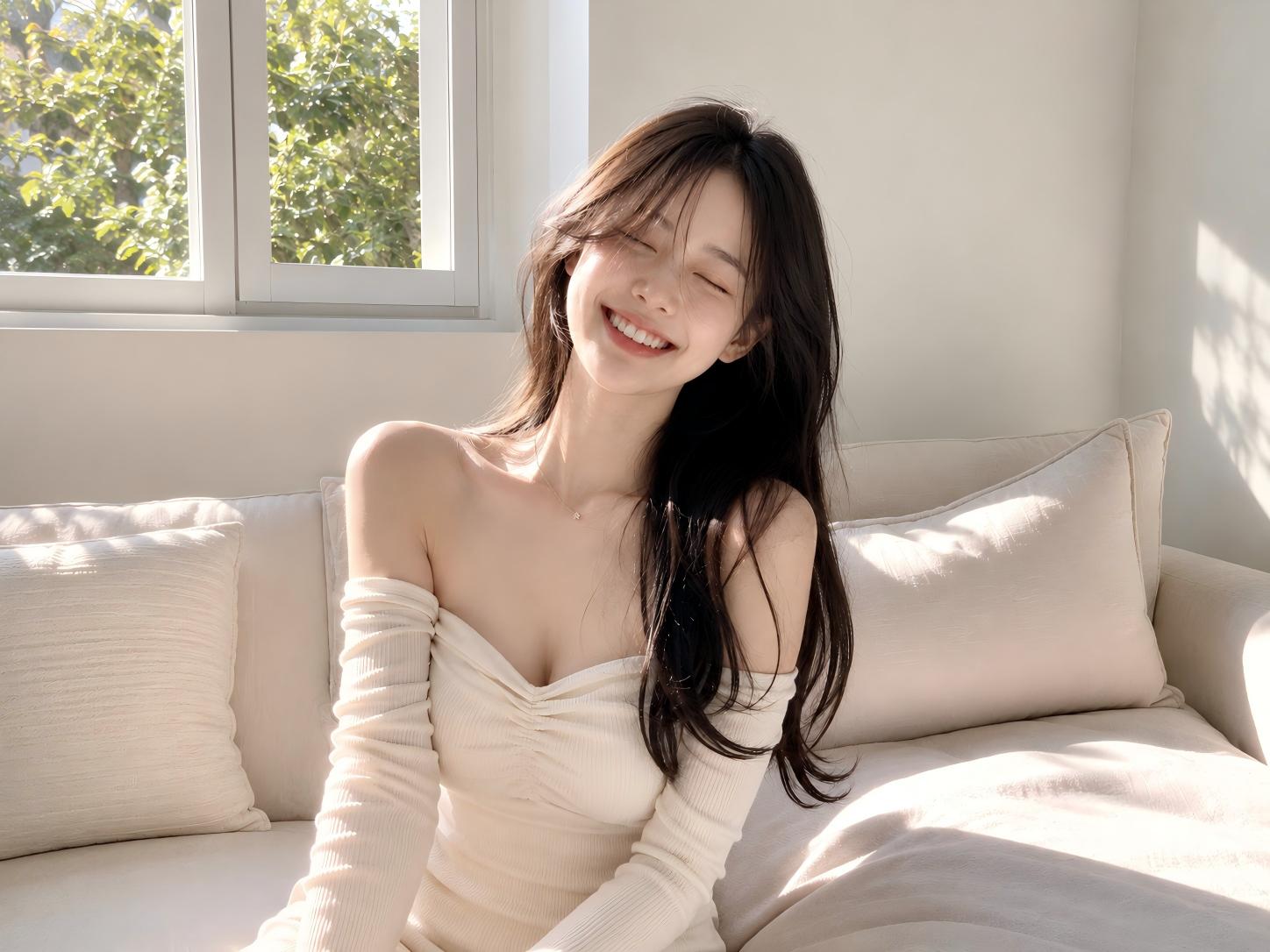 브라 끈이 보이지 않게 오프숄더 상의를 입은 여성