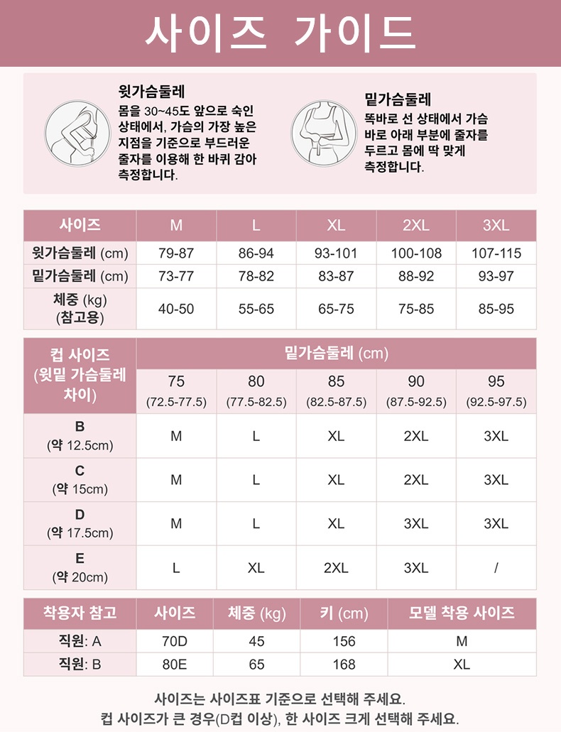 쿨링 심리스 미니마이저 브라 사이즈 가이드 VEIMIA 베이미아