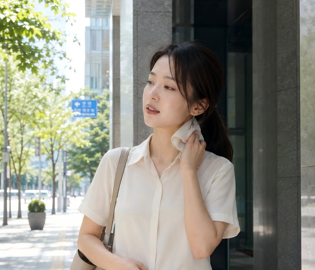 폭염 속 출근길에 브라 안쪽의 땀과 답답함을 느끼는 여성