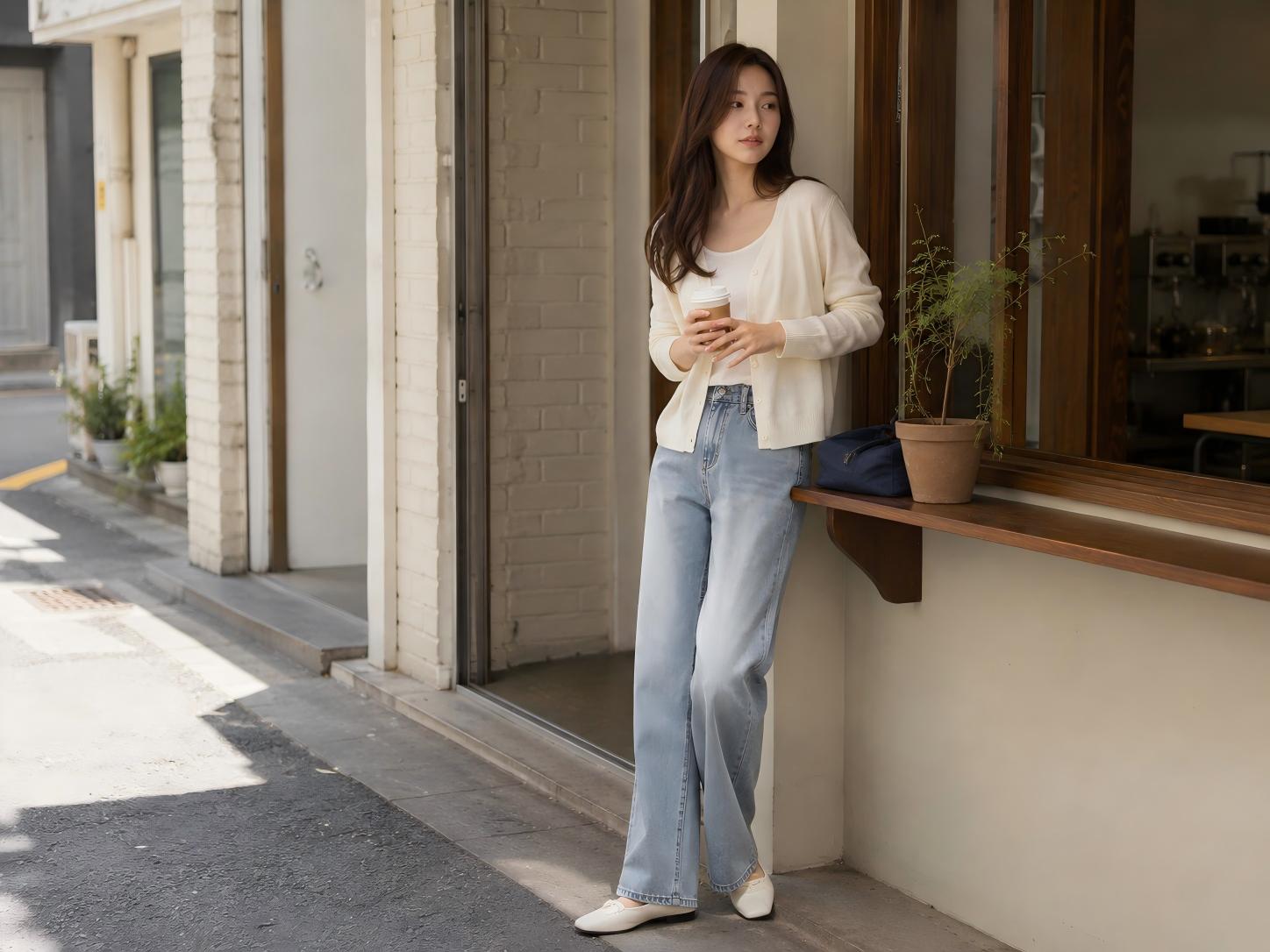 아이보리 카디건과 연청 데님을 매치한 여성의 여름 꾸안꾸 코디
