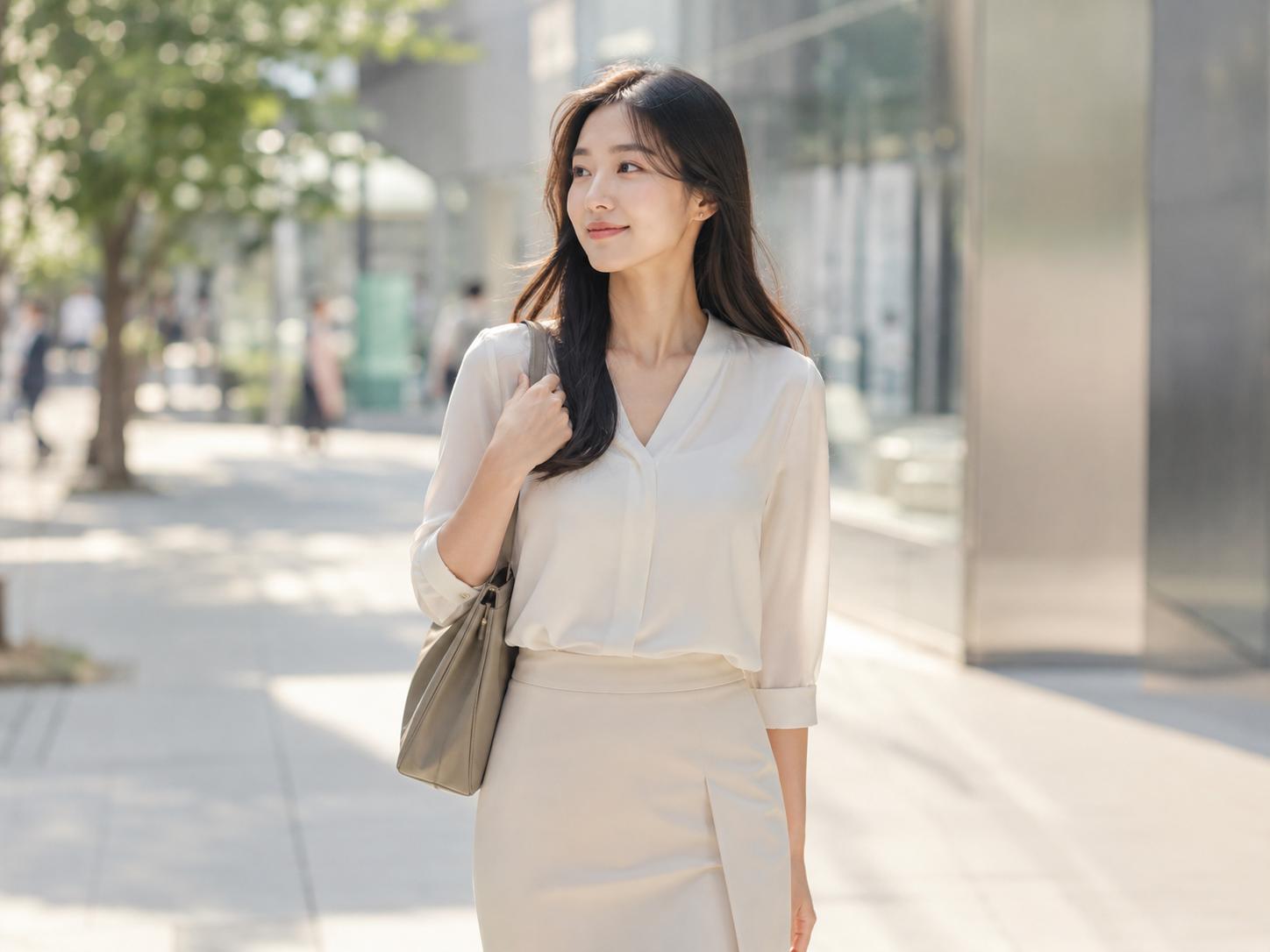 여름 출근 이너웨어가 중요한 화이트 셔츠와 스커트 오피스룩 착용 이미지