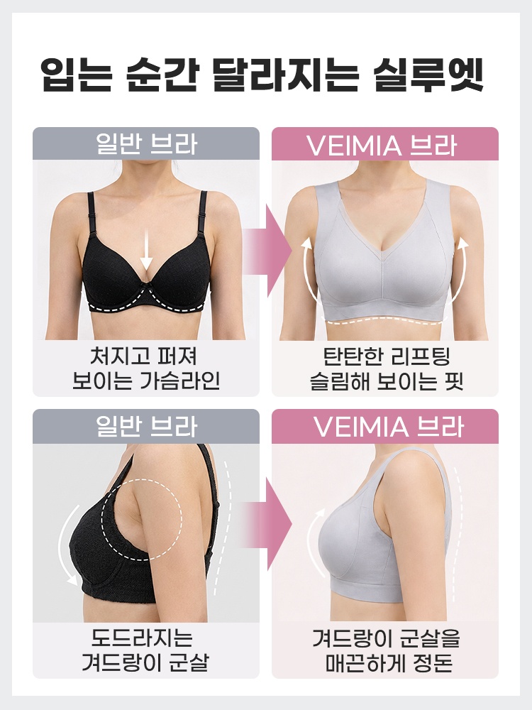 얇은 상의 안에서 브라 라인이 덜 드러나는 착용 모습을 비교한 이미지 VEIMIA