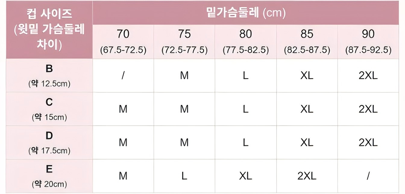 M부터 2XL까지 확인할 수 있는 초경량 심리스 브라 사이즈표