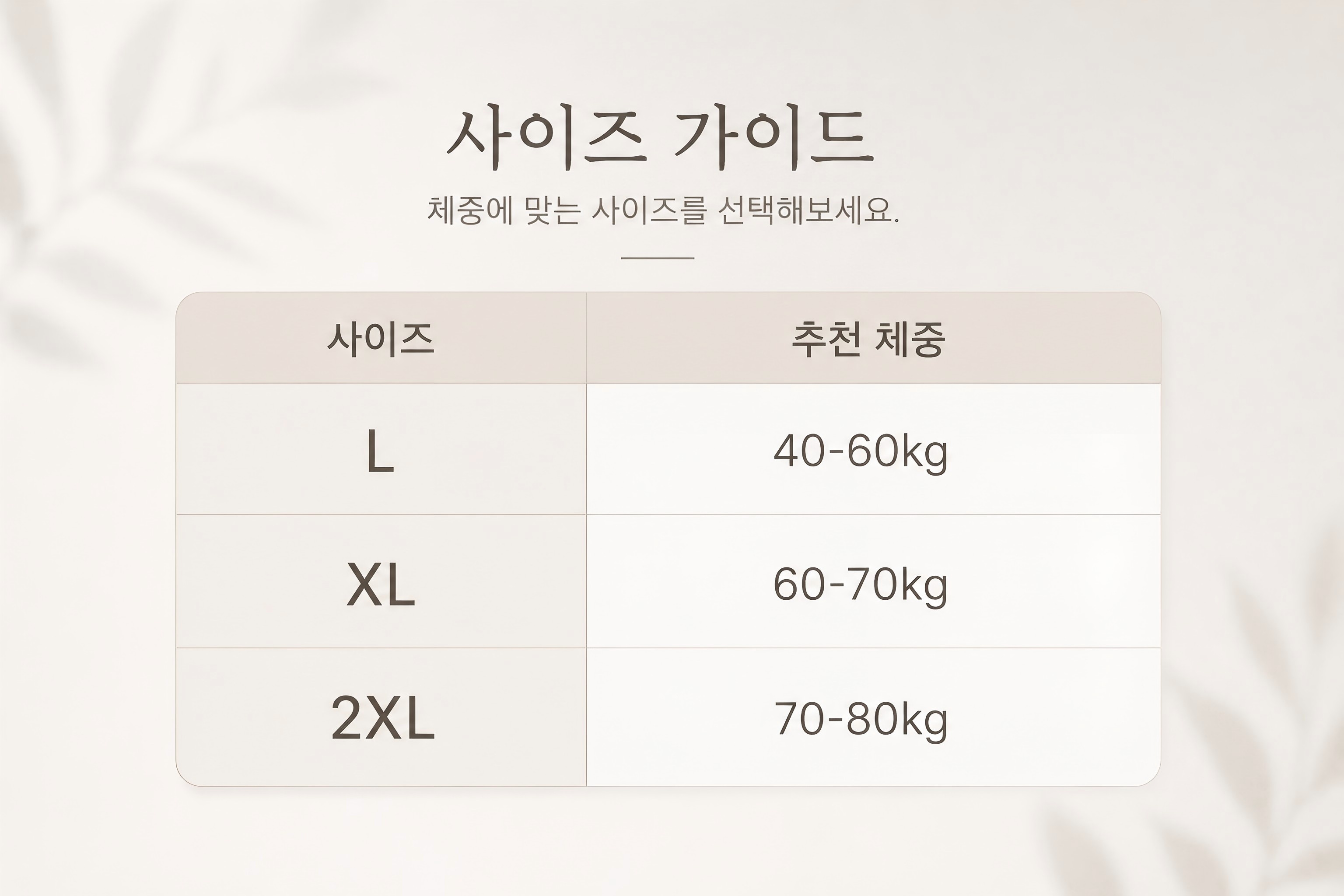 L XL 2XL 체중 기준으로 고르는 VEIMIA 보정 팬티 사이즈 가이드