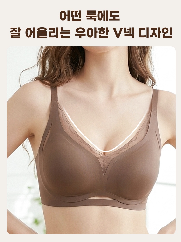 모델이 노와이어 브라를 착용한 정면 모습과 V넥 레이스 디자인 VEIMIA