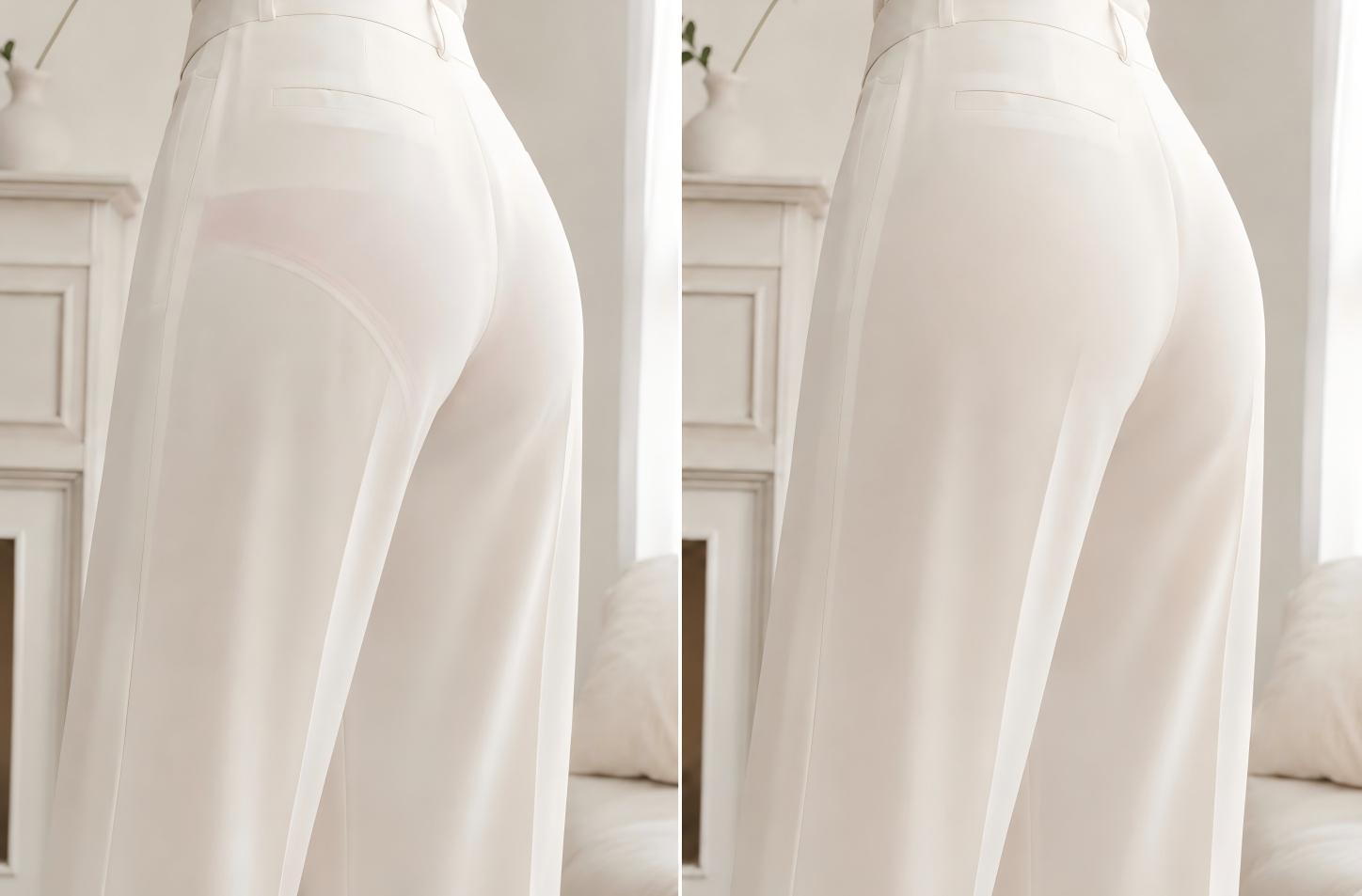 흰 바지 아래 일반 팬티 라인과 심리스 팬티 착용 후 매끈한 라인을 비교한 이미지