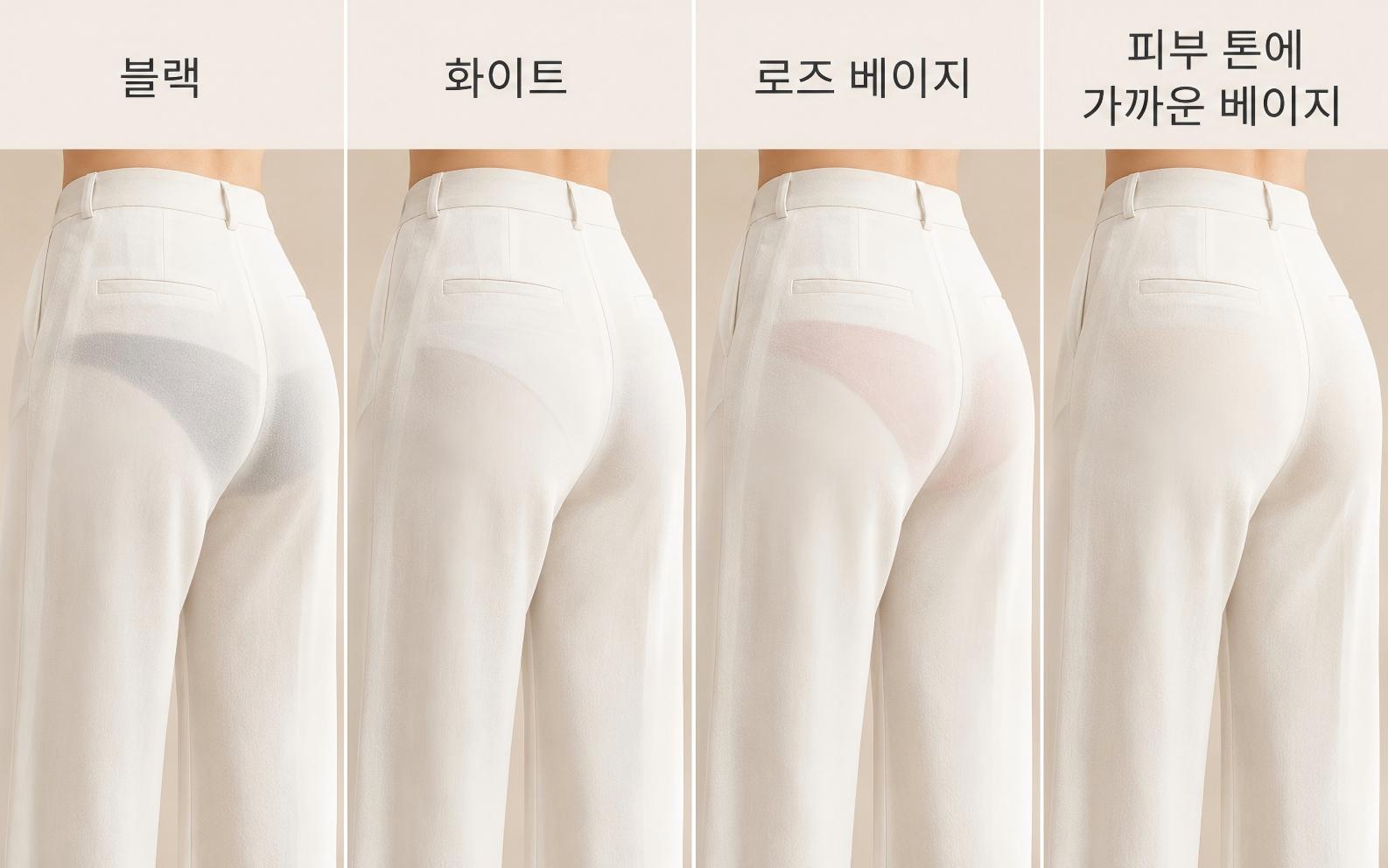 흰 바지 아래 블랙 화이트 로즈 베이지와 피부 톤 베이지 팬티의 색 비침 비교
