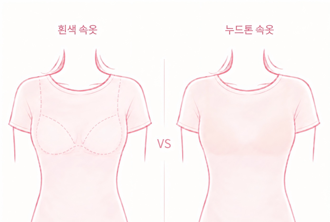 흰티 안에 흰색 속옷과 누드톤 속옷을 비교한 속옷 비침 예시 이미지
