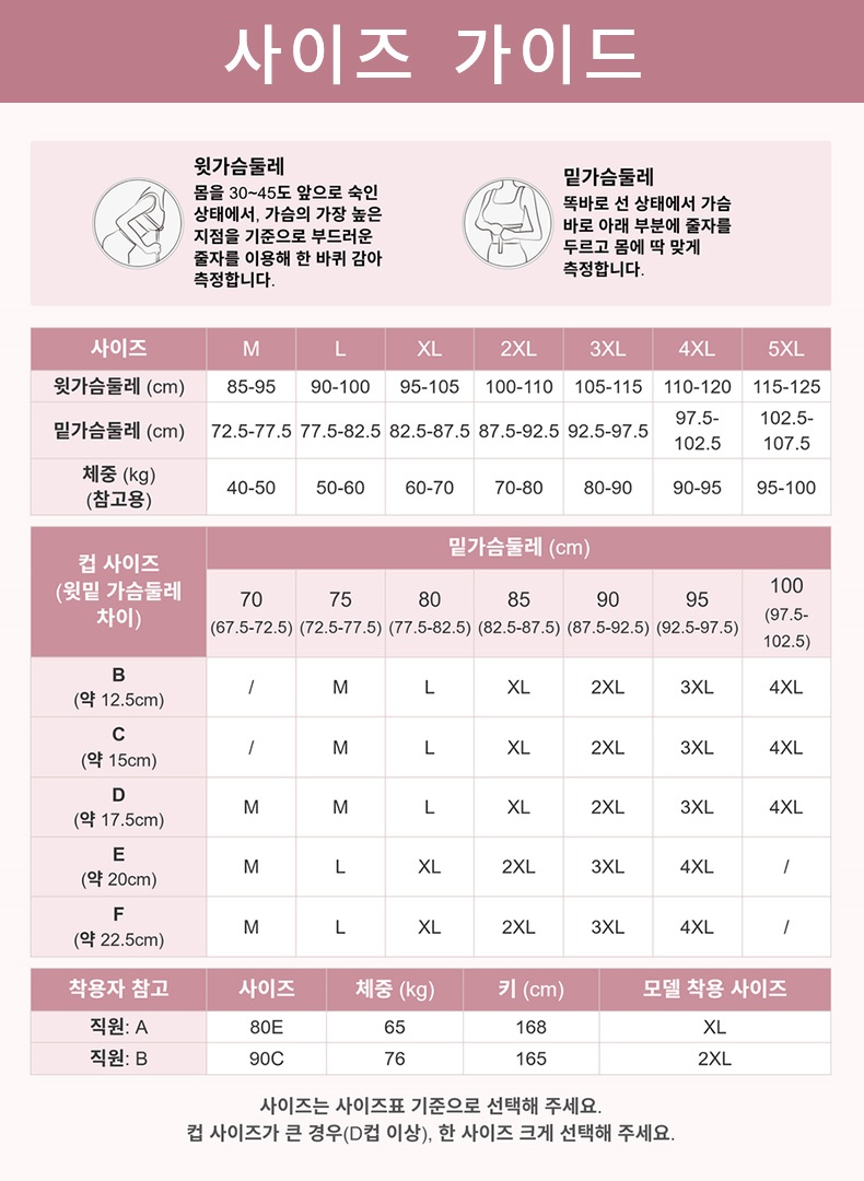 노와이어 쿨링 심리스 브라 사이즈 가이드 VEIMIA 베이미아