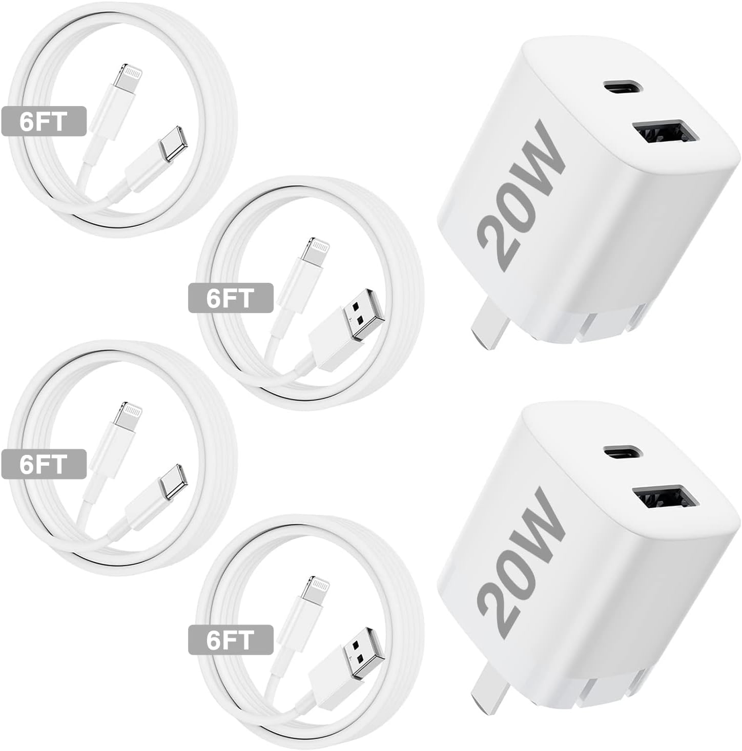 2Pack 20W Charger Block with 4Pack 6FT Lightning Cable