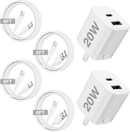 2Pack 20W Charger Block with 4Pack 6FT Lightning Cable