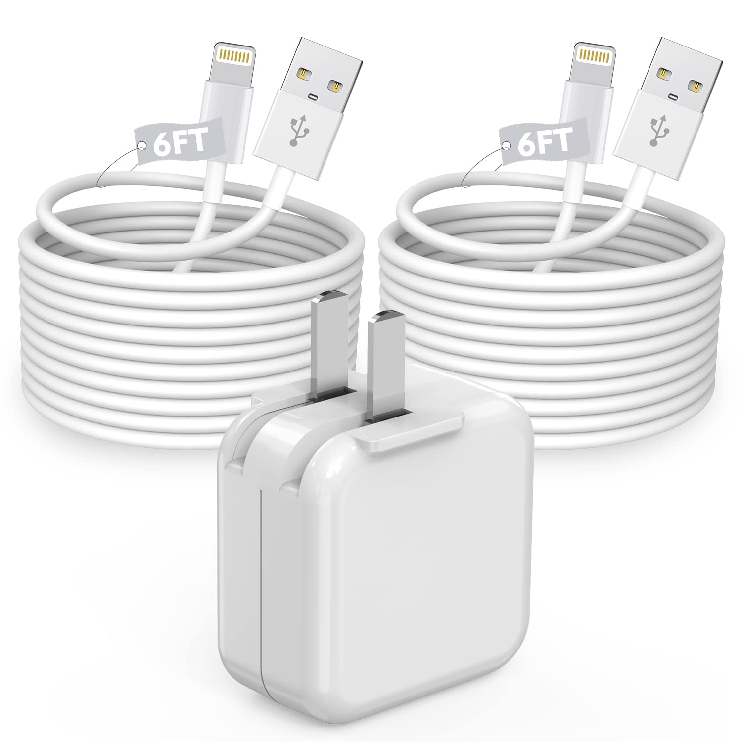 12W USB Power Adapter Foldable Portable Travel Plug with 2Pack MFi Certified 6FT