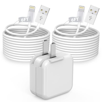 12W USB Power Adapter Foldable Portable Travel Plug with 2Pack MFi Certified 6FT