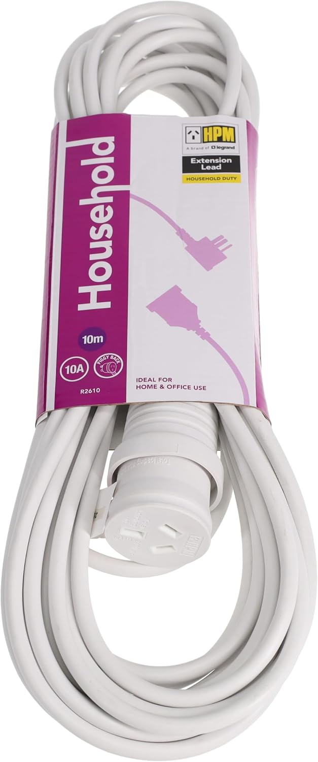 Household Duty Piggy Back Extension Lead White 10m