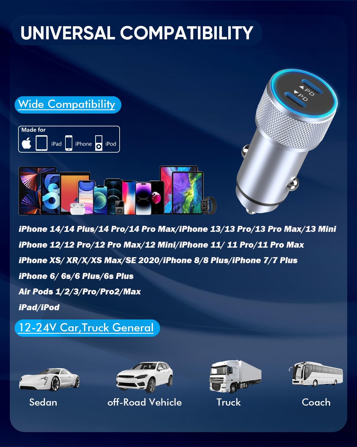 Fast Car Charger,2Pack Dual Port USB C Car Charger[MFI Certified]