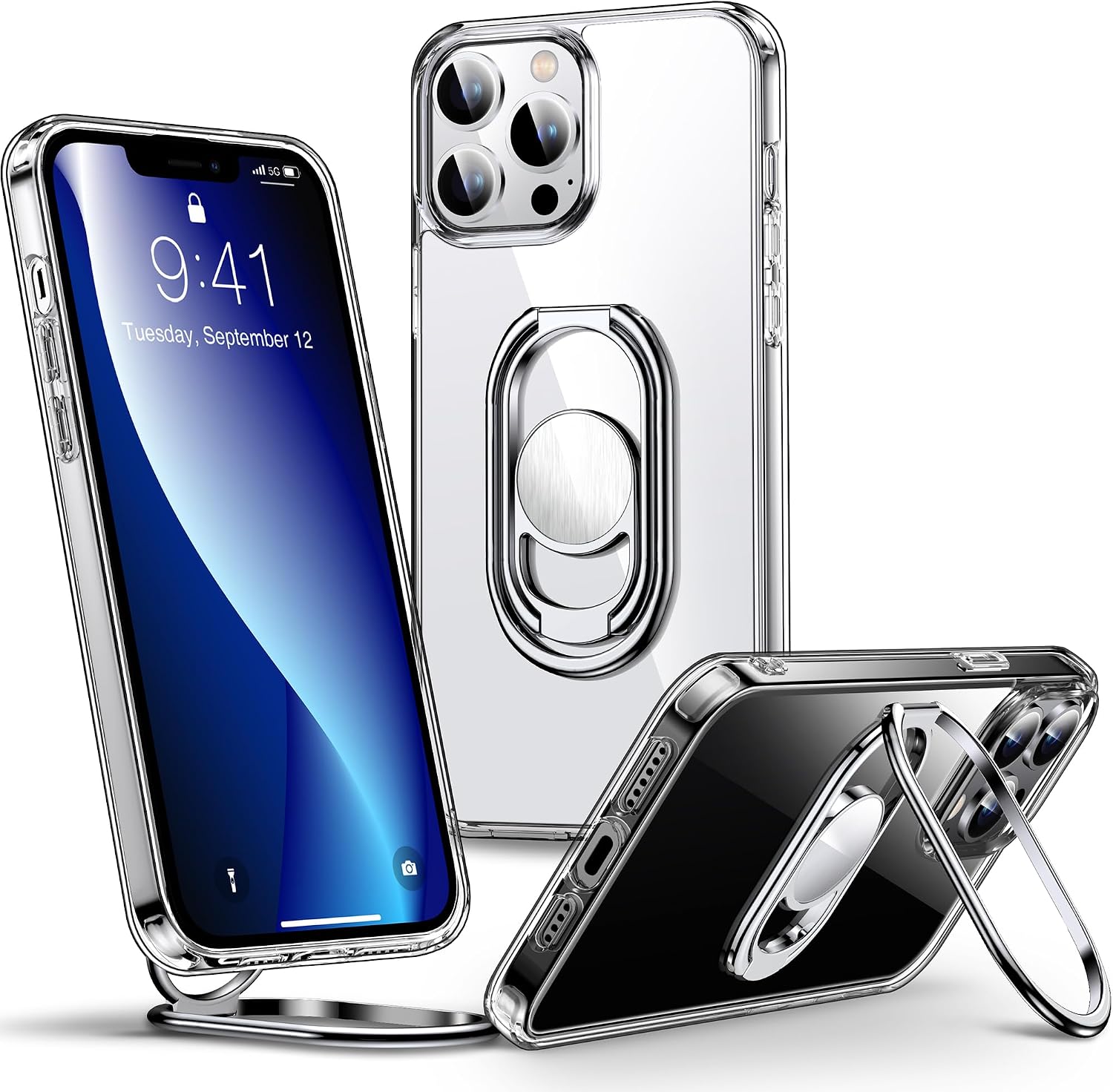 Phone Case Clear with Double Ring Holder [Adjustable & Foldable] Shockproof Protective Cover
