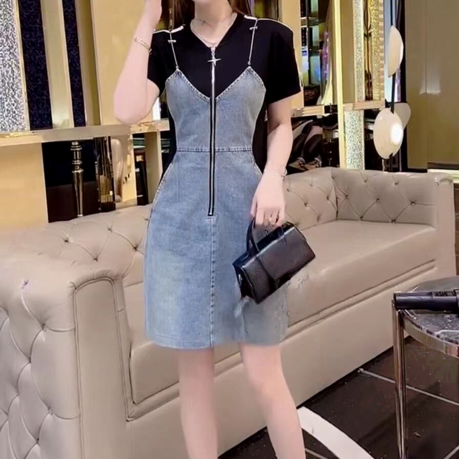데님 페이크 레이어링 원피스