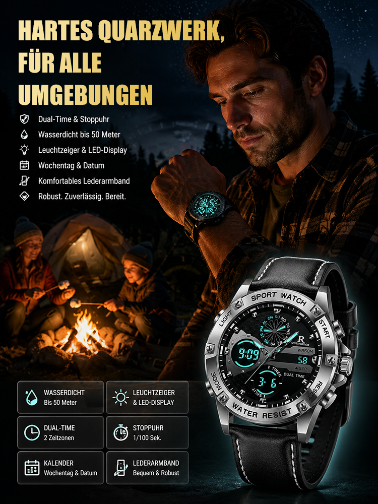 Herren-Quarzuhr mit Nachtlicht und Doppeldisplay