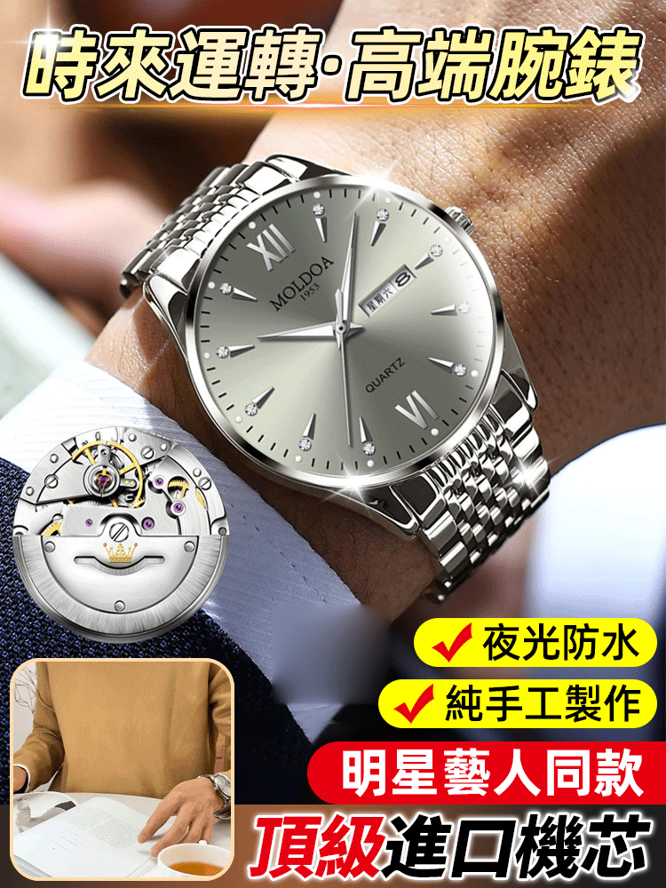 鏤空鋼帶日曆防水男士手錶