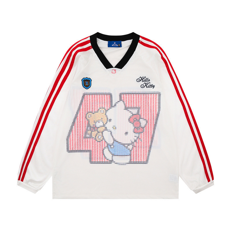 復古條紋Kitty猫印花長袖T恤女美式運動風寬鬆網眼上衣