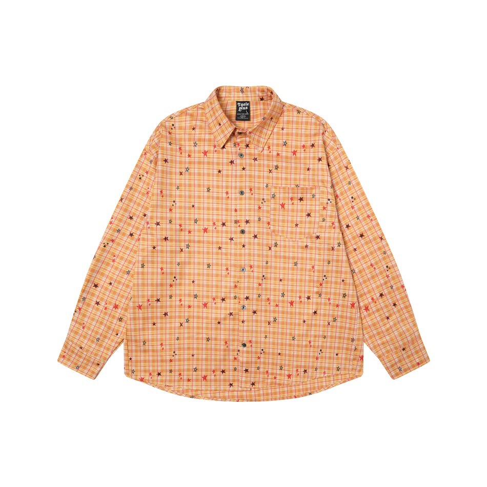 秋季新款滿印星星復古長袖襯衫女設計感黃色格紋襯衣