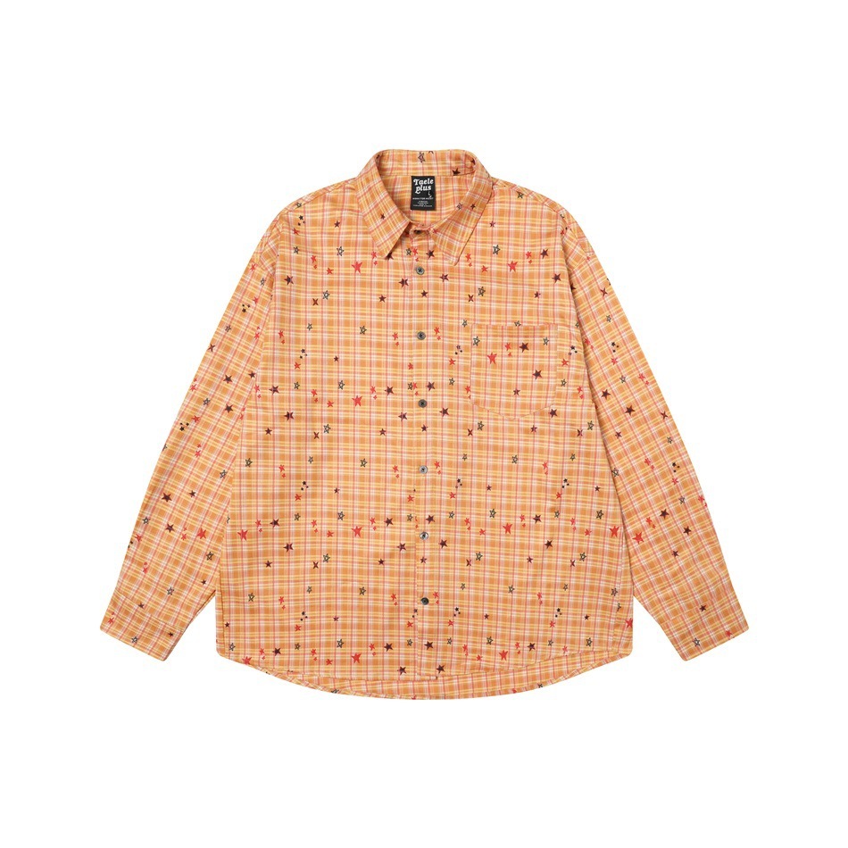 秋季新款滿印星星復古長袖襯衫女設計感黃色格紋襯衣