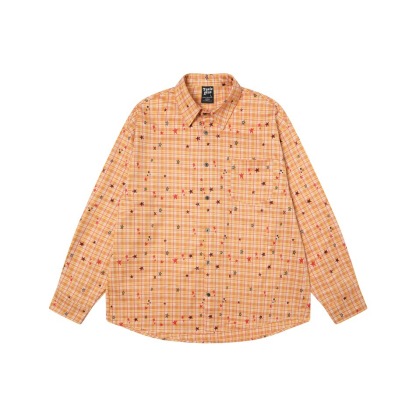 秋季新款滿印星星復古長袖襯衫女設計感黃色格紋襯衣