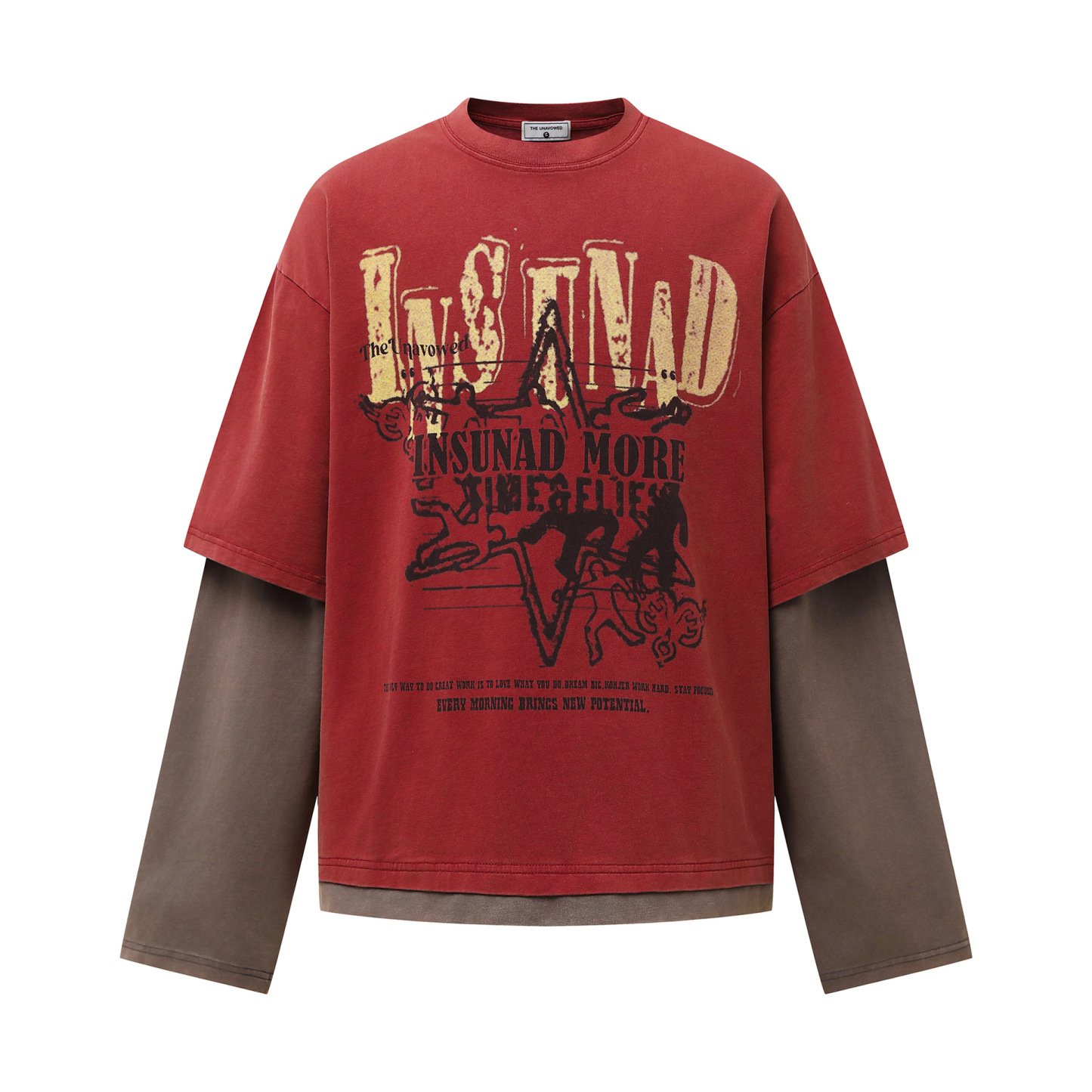 早秋新款美式復古印花假兩件圓領衛衣女百搭上衣