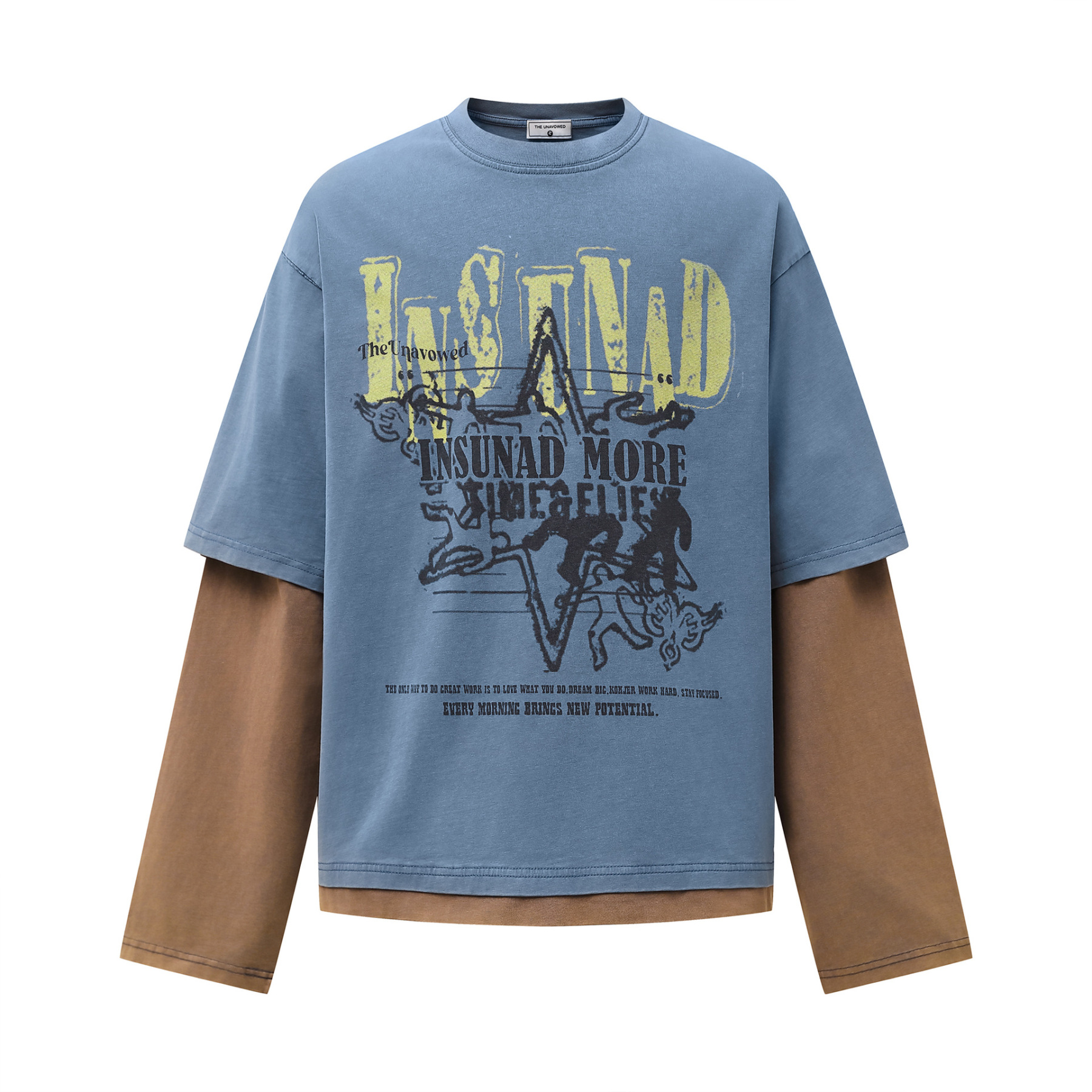 早秋新款美式復古印花假兩件圓領衛衣女百搭上衣