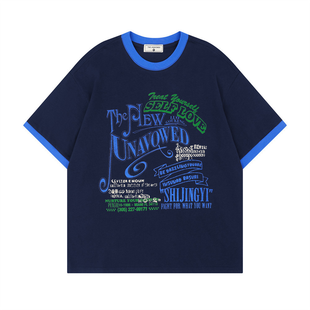 圓領撞色設計感美式復古字母短袖T恤女夏季潮牌上衣