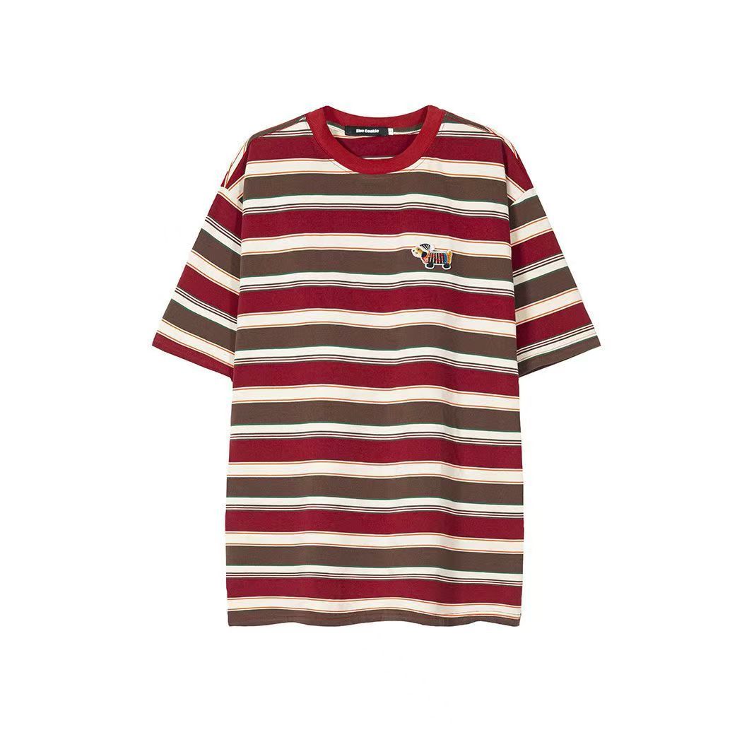 美式復古臘腸狗刺繡條紋短袖T恤女夏季寬鬆百搭體恤