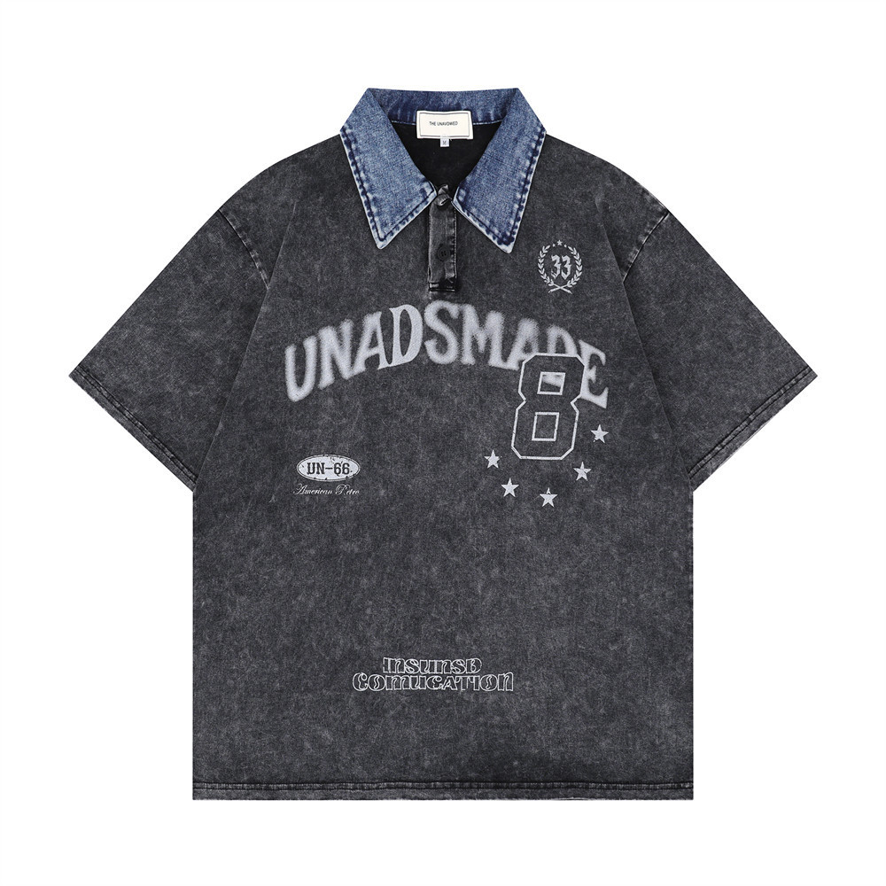 水洗重磅牛仔翻領設計感短袖T恤女夏季美式復古潮牌tee