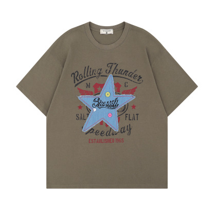 美式復古星星貼布刺繡短袖T恤女寬鬆百搭上衣