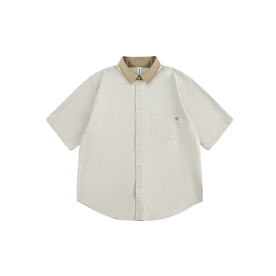 美式復古寬鬆撞色翻領短袖襯衫女夏季設計感休閒百搭襯衣