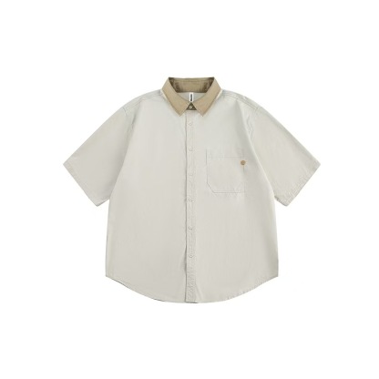 美式復古寬鬆撞色翻領短袖襯衫女夏季設計感休閒百搭襯衣