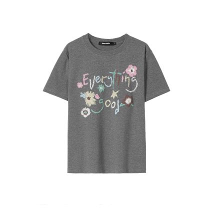 復古花朵設計感正肩T恤女夏季休閒圓領微寬鬆短款短袖
