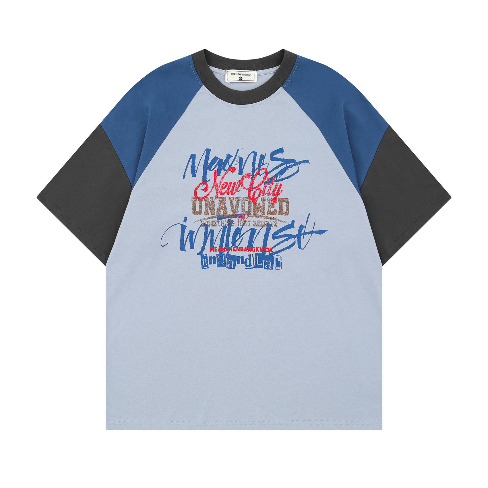 美式復古手繪塗鴉字母撞色插肩短袖T恤女設計感小眾t