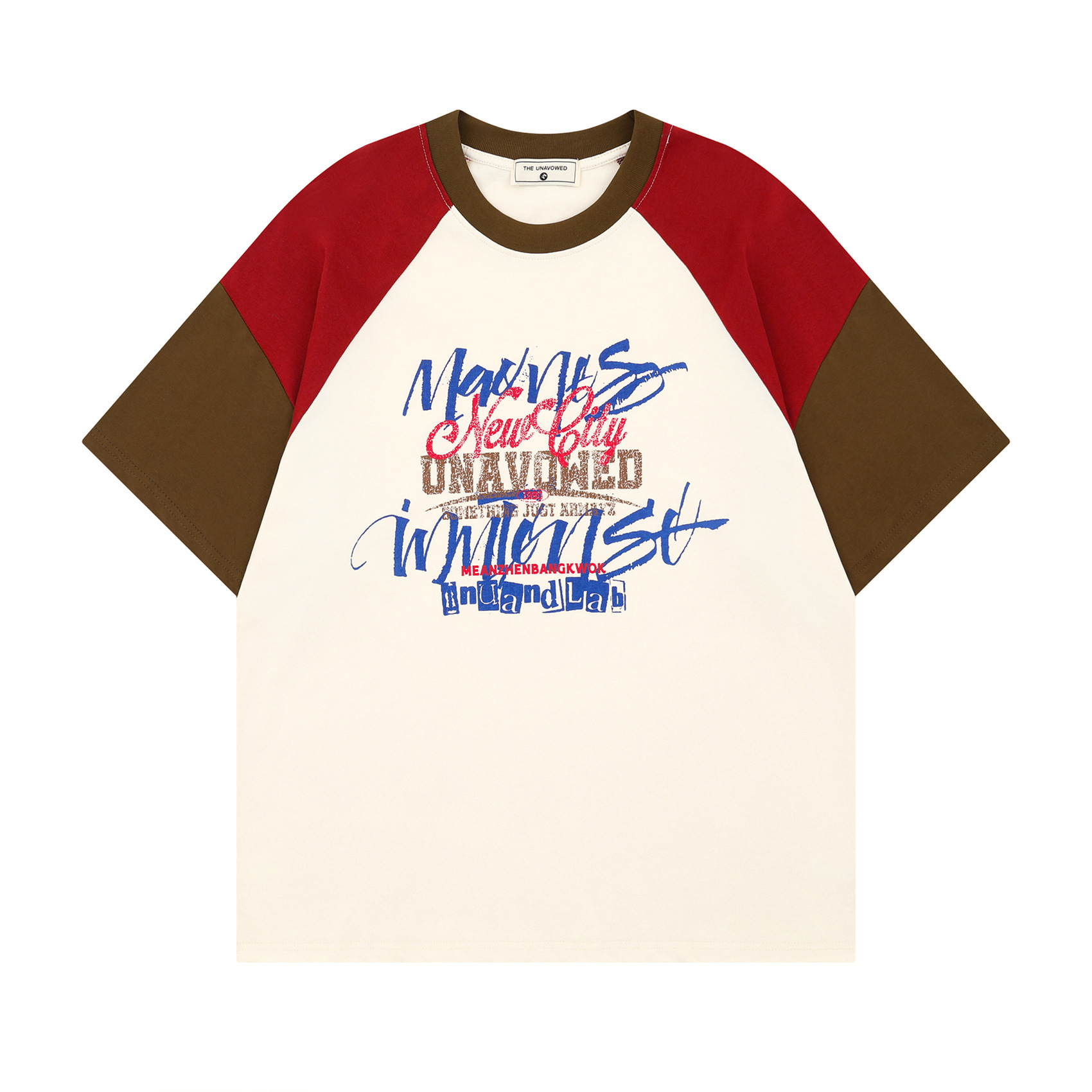 美式復古手繪塗鴉字母撞色插肩短袖T恤女設計感小眾t