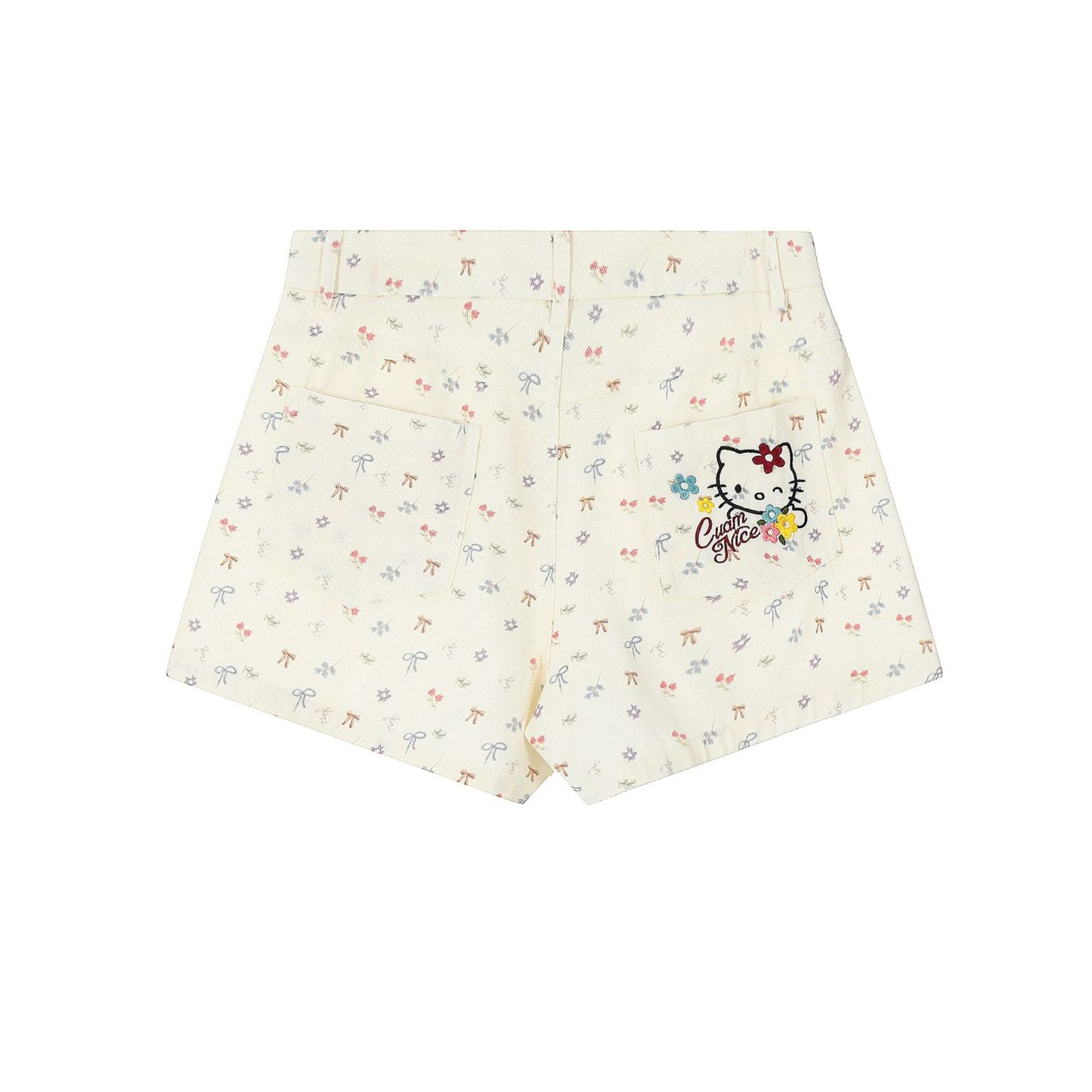 韓系碎花蝴蝶結Kitty刺繡牛仔短褲女夏薄款顯瘦熱褲